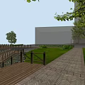 Tranquil Garden Landscape With Wooden Bridge Small Stream Green Grass And Trees Near Background Buildings