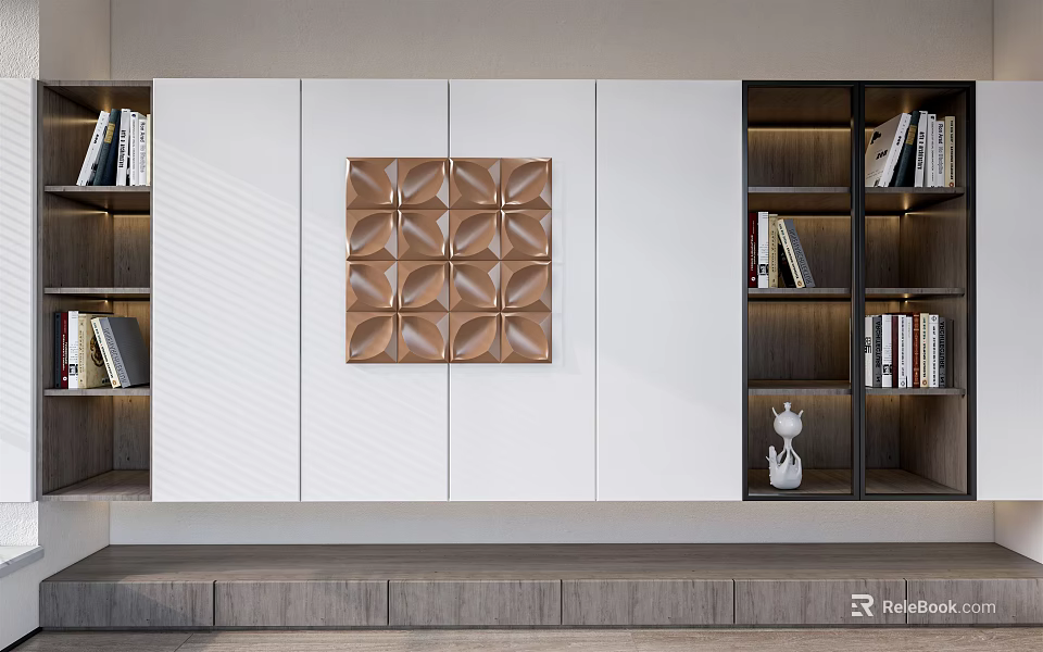 Modern Bookcase Design With Open Dark Wood Shelves White Cabinets And Decorative Art Piece 3d model 