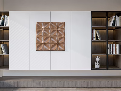 Modern Bookcase Design With Open Dark Wood Shelves White Cabinets And Decorative Art Piece 3d model