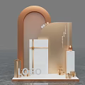 Elegant Interactive Area Design With Arched Structure Golden Decorations White Cubes Spheres And LOGO 3d model