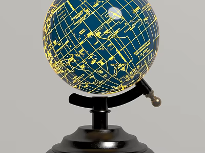Blue Globe Decorative Ornament With Yellow Lines And Black Base Stand 3d model