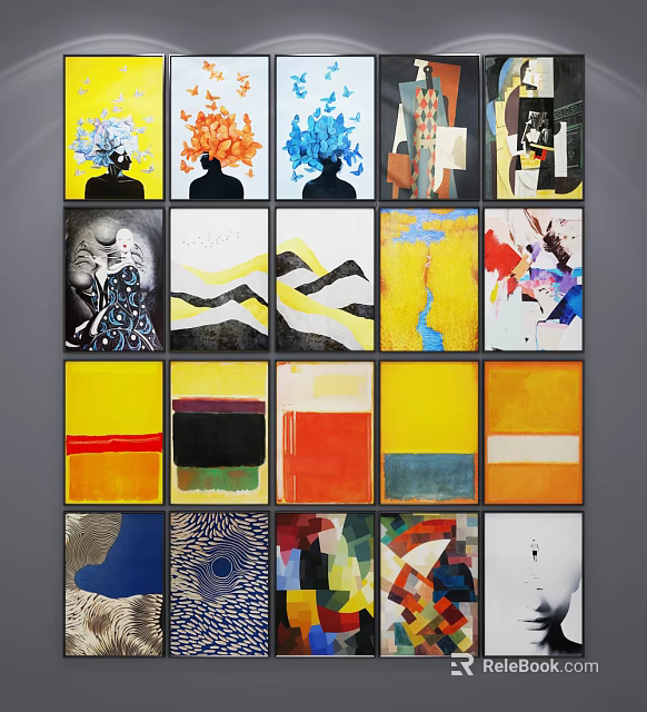 Colorful Abstract Paintings With Various Styles Geometric Patterns And Vibrant Colors Wall 3d model 