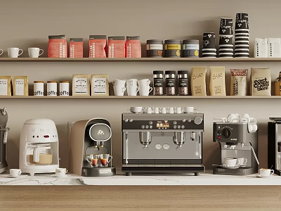 Diverse Kitchen Appliances on Wooden Counter with Shelves of Jars and Cups 3d model