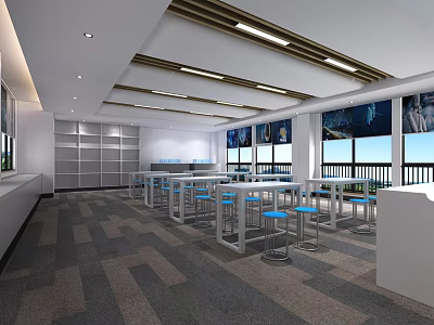 Modern Public Lounge Interior With White Tables Blue Stools Large Windows And Geometric Carpet 3d model