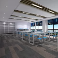 Modern Public Lounge Interior With White Tables Blue Stools Large Windows And Geometric Carpet