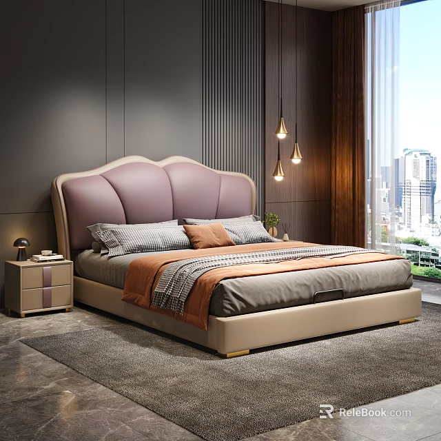 Elegant Bedroom Interior Design With Purple Upholstered Headboard Beige Frame And City View Window 3d model 