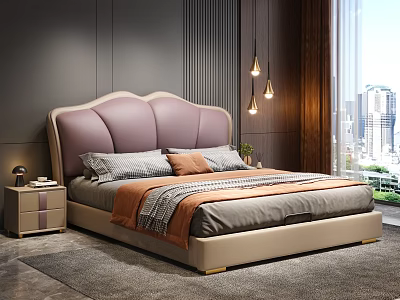 Elegant Bedroom Interior Design With Purple Upholstered Headboard Beige Frame And City View Window 3d model