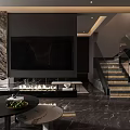 Modern Luxury Living Dining Room With Black Sofa Marble Floor Coffee Table And Wall Art