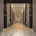 Modern Elevator Hallway With Marble Flooring Alphabet Signs On Doors And Illuminated Light Strips 3d model