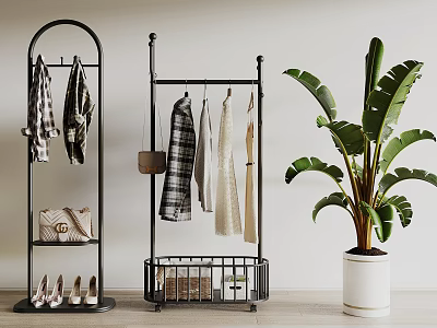 Modern Floor Hanger With Coats Dresses Bags And Shoes Near Green Plant 3d model