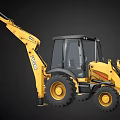 Yellow Utility Vehicle With Front Bucket Backhoe Arm Cab And Large Tires