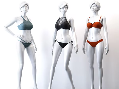 Mannequins Posing In Green Black And Red Bikini Sets For Fashion 3d model