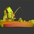 Little Character In Hat Sitting On Chair Fishing With Rod On Ice Catching Small Fish