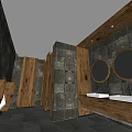 Modern Hotel Bathroom With Stone Walls Wooden Elements Round Mirrors And Double Sinks Vanity