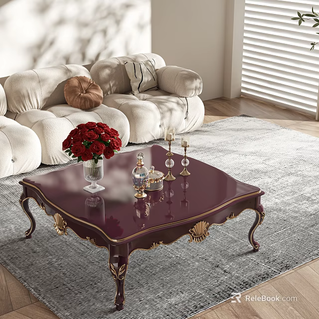 Elegant Burgundy Coffee Table With Golden Accents Carved Legs Red Roses Vase And Candlesticks 3d model 