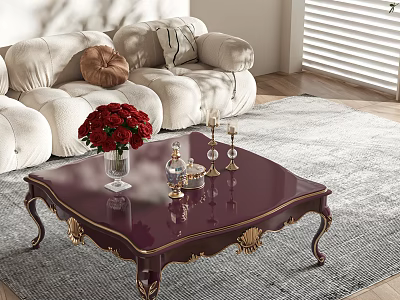 Elegant Burgundy Coffee Table With Golden Accents Carved Legs Red Roses Vase And Candlesticks 3d model
