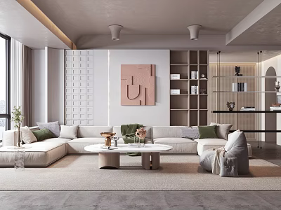 Modern Living Room Interior With Large Sofa Coffee Table Decorative Artwork And Bookshelf 3d model