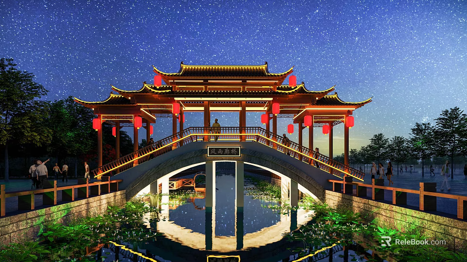 Chinese-style Bridge With Traditional Roof Red Lanterns Under Night Starry Sky And Water Reflection 3d model 