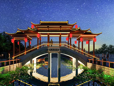 Chinese-style Bridge With Traditional Roof Red Lanterns Under Night Starry Sky And Water Reflection 3d model