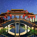 Chinese-style Bridge With Traditional Roof Red Lanterns Under Night Starry Sky And Water Reflection