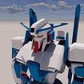 Blue and White Standing Robot Model Against Blue Sky with Clouds and Gray Ground