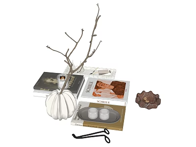 Autumn Themed Decorative Ornament Set With Twigs Pumpkin Books Tray Candles And Pinecone 3d model