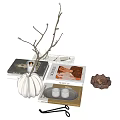 Autumn Themed Decorative Ornament Set With Twigs Pumpkin Books Tray Candles And Pinecone