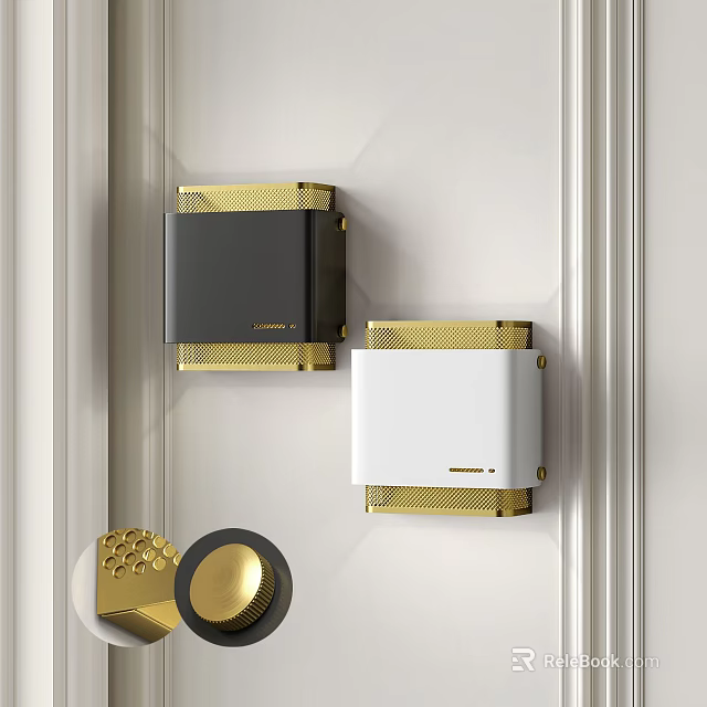 Modern Minimalist Black and White Wall Lamps with Gold Frames Mounted on White Wall 3d model 