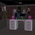 Office Desk Setup With Black Acoustic Panel Walls Posters Computer Monitors Speakers And Drawer Cabinets