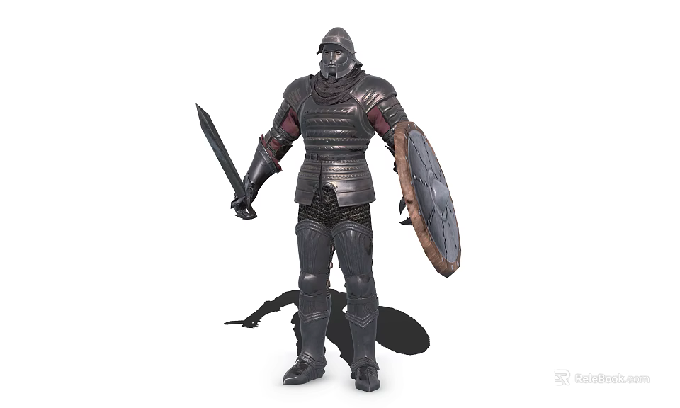 Armored Knight with Sword and Shield Standing by Small Black Dragon Creature 3d model 