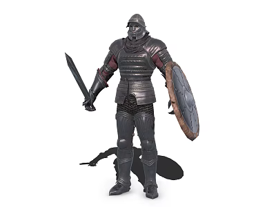 Armored Knight with Sword and Shield Standing by Small Black Dragon Creature 3d model