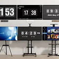 Multiple TVs Displaying Time Date Digital Interface And Streaming Content On Stands