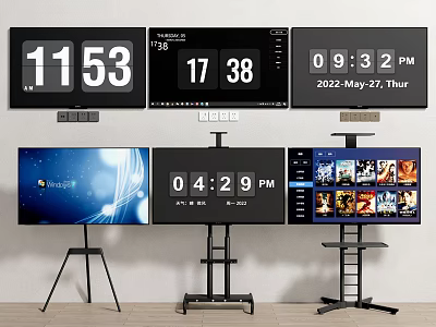 Multiple TVs Displaying Time Date Digital Interface And Streaming Content On Stands 3d model
