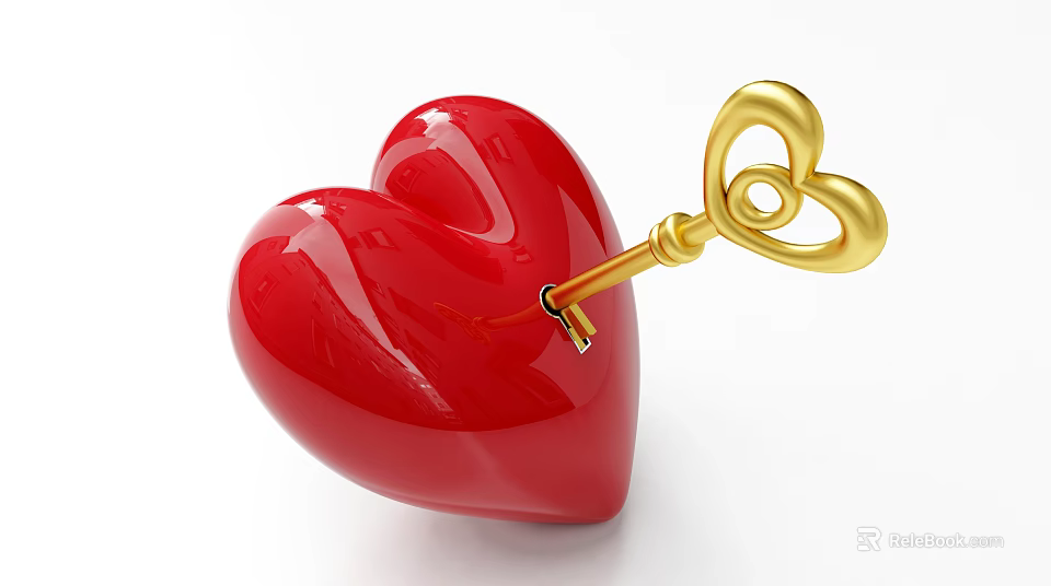 Shiny Red Heart Ornament With Golden Heart Shaped Key Inserted 3d model 