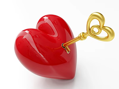 Shiny Red Heart Ornament With Golden Heart Shaped Key Inserted 3d model