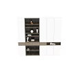 Modern White Storage Cabinet With Wooden Trim And Multiple Shelves For Decorative Items