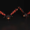 Two Black Flying Creatures With Red Wings And Glowing Eyes On Dark Background