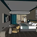 Modern Hotel Room Interior With Green Accent Wall Comfortable Bed And Wooden Flooring