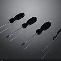 Four Professional Screwdrivers With Black Handles And Silver Shafts On Gray Background