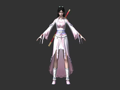 Chinese Ancient Female Character In Pink White Robe With Red Sword And Flowing Sleeves 3d model