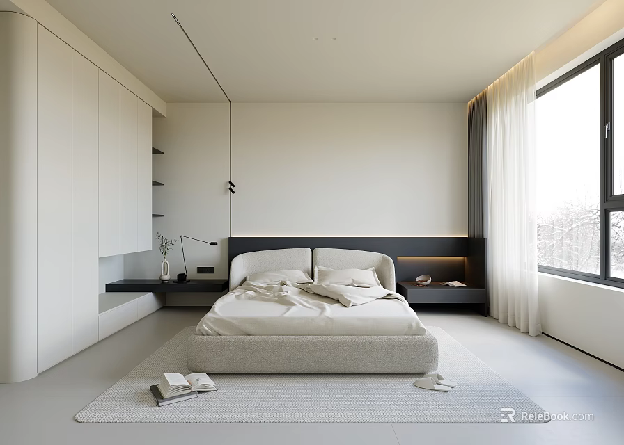 Modern Bedroom Interior Design With Large Bed Light Colored Bedding Rug And Natural Light 3d model 