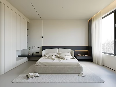 Modern Bedroom Interior Design With Large Bed Light Colored Bedding Rug And Natural Light 3d model