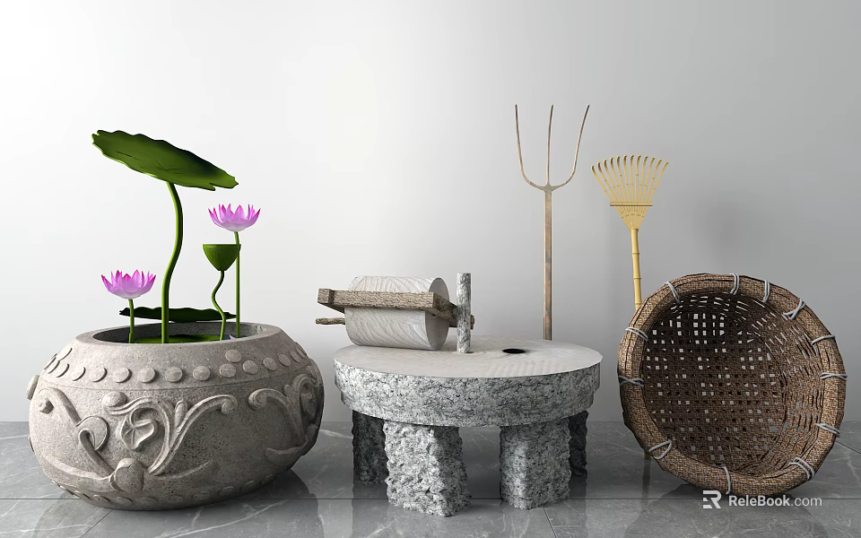 Garden Ornaments Featuring Stone Flower Pot Lotus Flowers Leaves Bamboo Tools And Woven Basket 3d model 