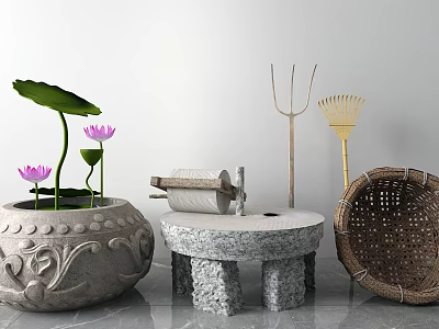 Garden Ornaments Featuring Stone Flower Pot Lotus Flowers Leaves Bamboo Tools And Woven Basket 3d model