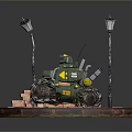 Green Military Model Tank with Street Lamps and Brick Decorations on Circular Base