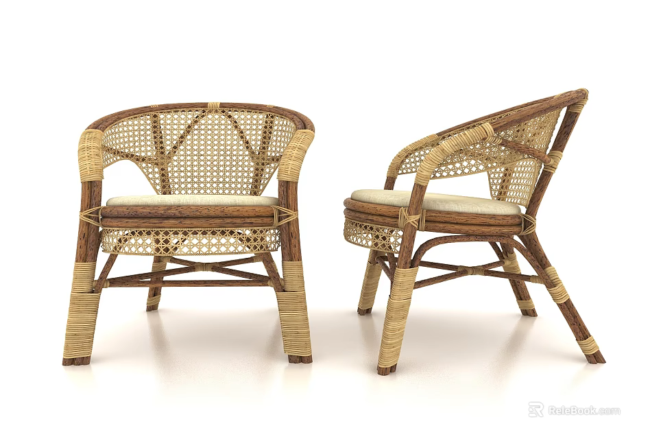 Natural Handwoven Rattan Leisure Chairs With Curved Armrests And Cushioned Seats 3d model 