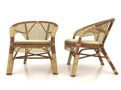 Natural Handwoven Rattan Leisure Chairs With Curved Armrests And Cushioned Seats 3d model