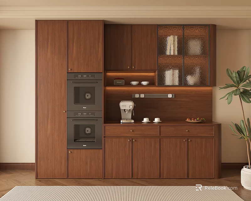 Modern Wooden Wine Cabinet Design With Glass Doors And Display Shelves In Kitchen Interior 3d model 