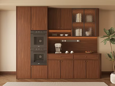 Modern Wooden Wine Cabinet Design With Glass Doors And Display Shelves In Kitchen Interior 3d model