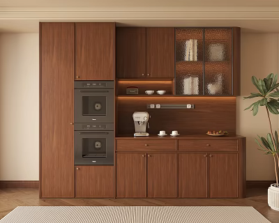 Modern Wooden Wine Cabinet Design With Glass Doors And Display Shelves In Kitchen Interior 3d model